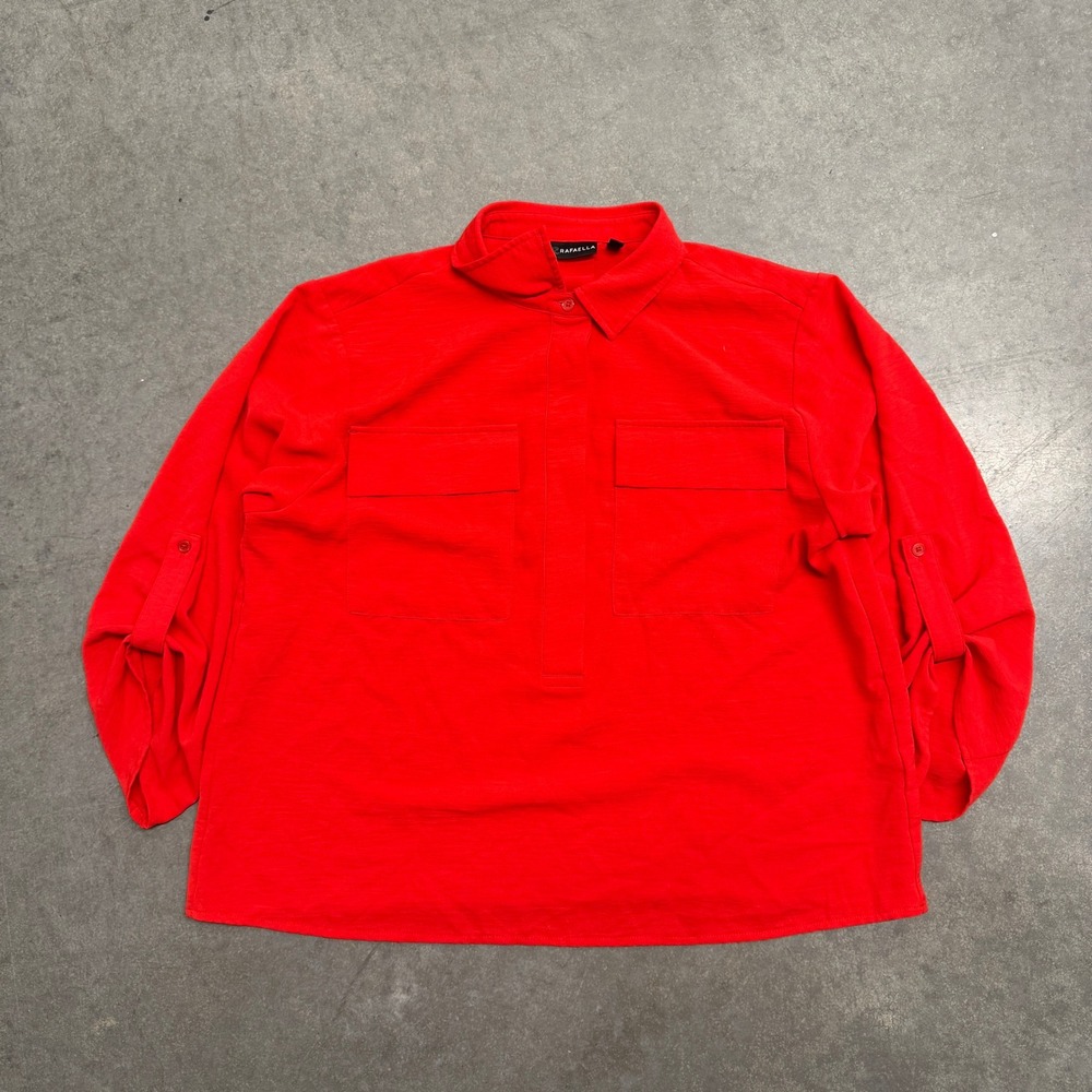 Rafaella Womens Red Roll Tab Long Sleeve Button Front Pocket Blouse Large